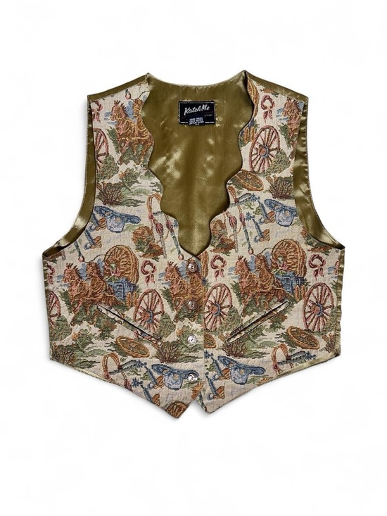 Vintage Jackets & Blazers - Vintage Western Tapestry Vest in Olive Green and Tan